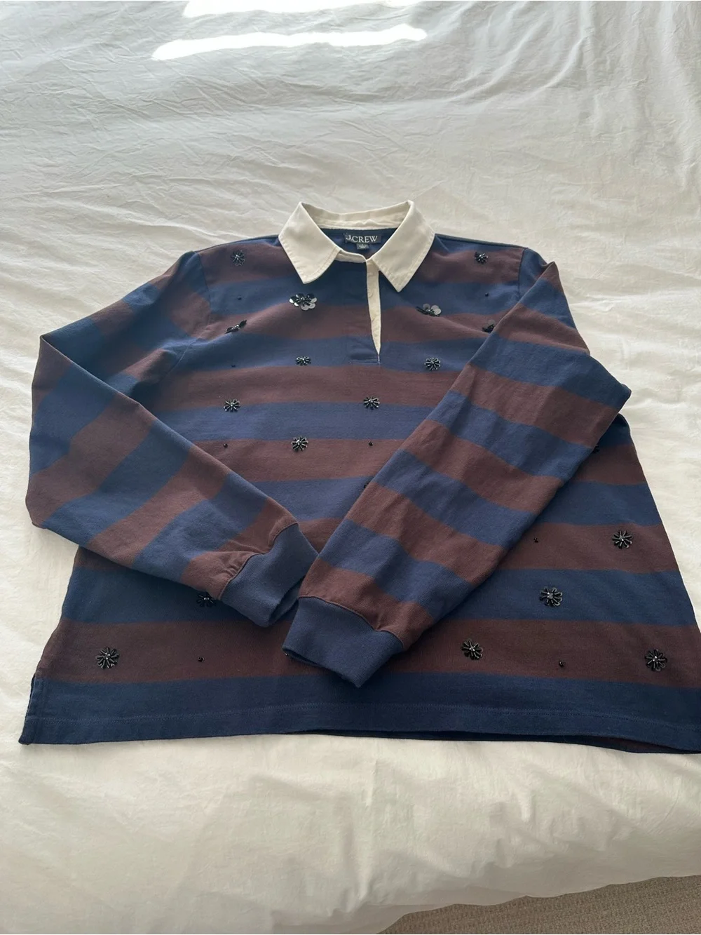 J. Crew striped rugby style top in navy and burgundy, size large